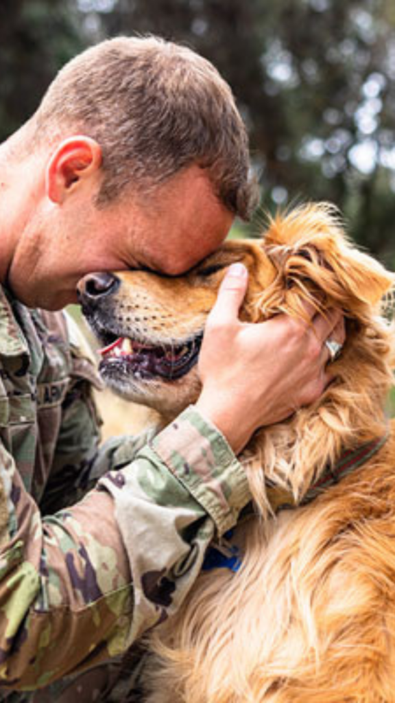 veteran loving on a golden retriever